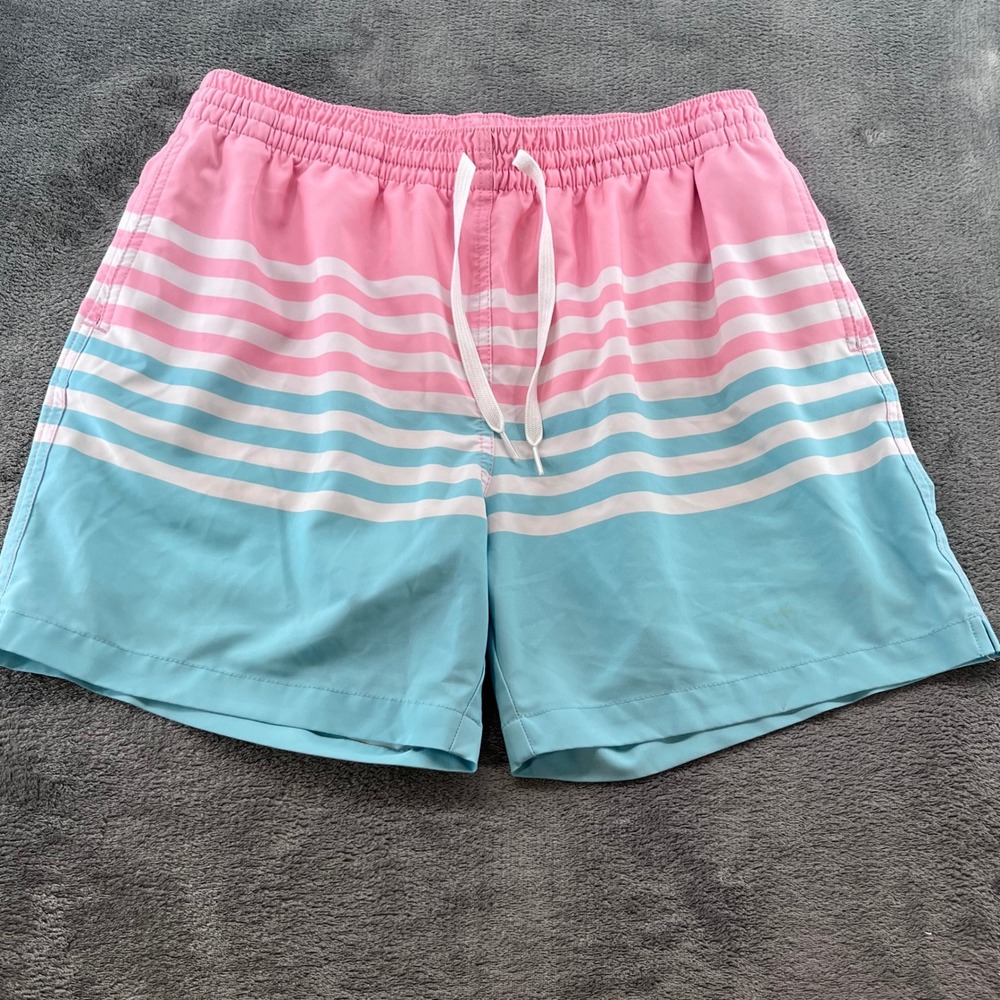 Chubbies Mens Swim Trunks Pink Blue Striped 5.5 Inch Inseam Large